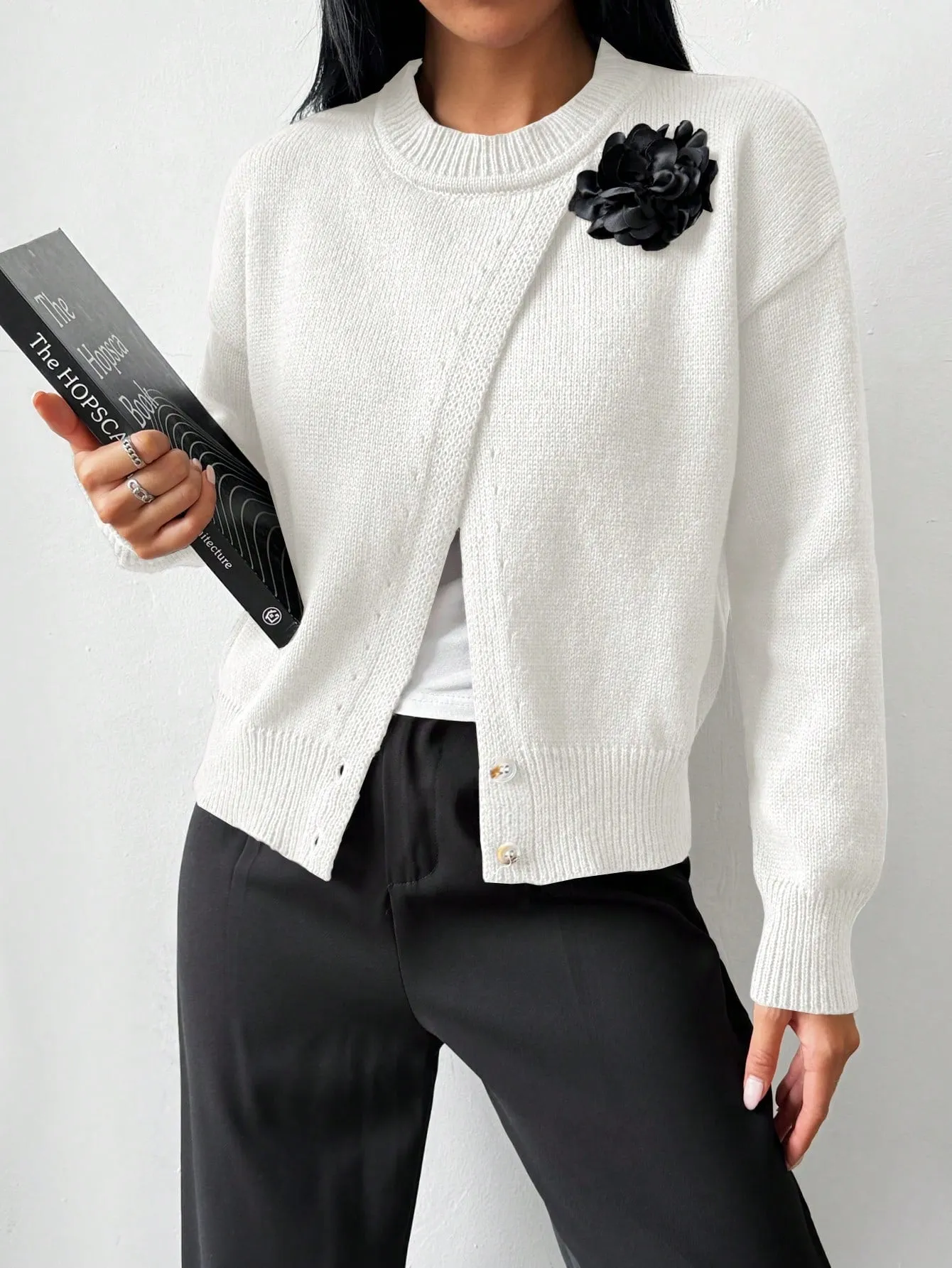 ARIZA Floral 3D Decor Split Hem Sweater