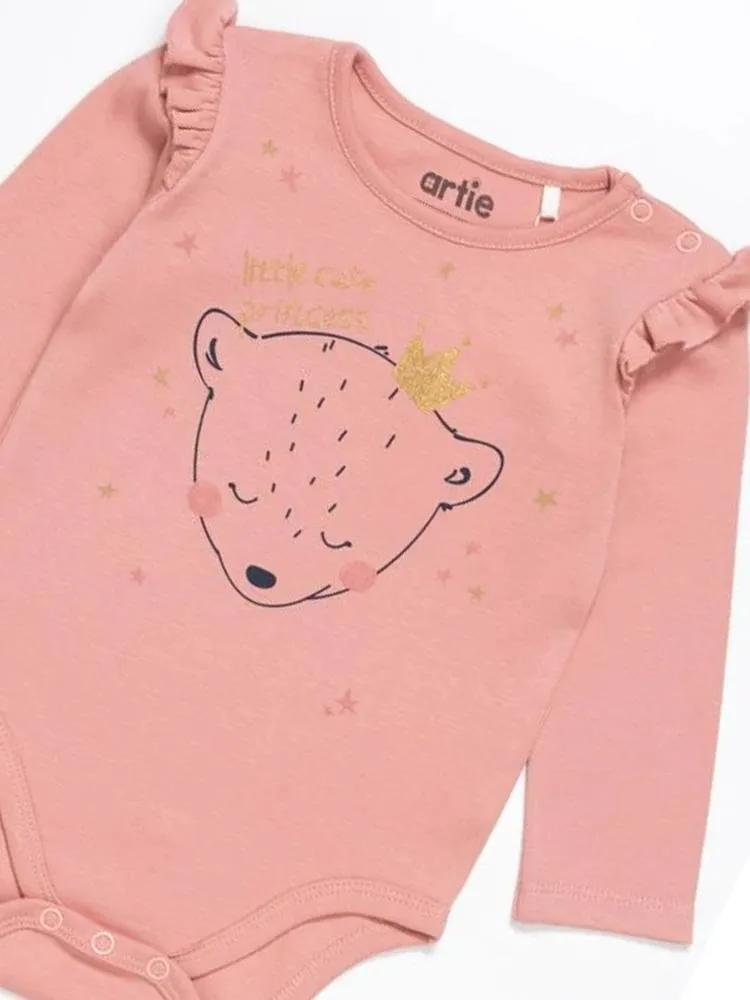 Artie - Baby Girl Pink Interlock Bodysuit with Ruffles & Gold details -  Princess Bear