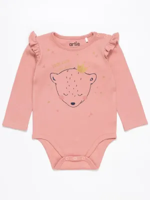 Artie - Baby Girl Pink Interlock Bodysuit with Ruffles & Gold details -  Princess Bear
