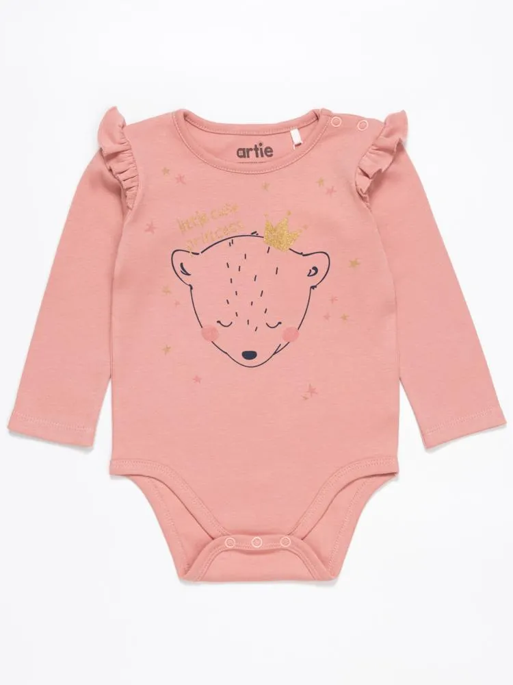 Artie - Baby Girl Pink Interlock Bodysuit with Ruffles & Gold details -  Princess Bear