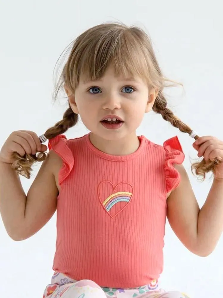 Artie - Bright Pink Rainbow Baby Girl Frill Cap Sleeve Bodysuit
