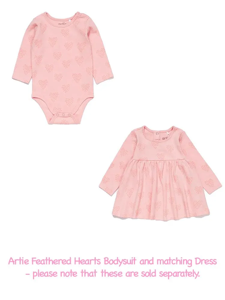 Artie - Long Sleeve Pink Baby Cotton Bodysuit - Feathered Hearts 3 to 18 months