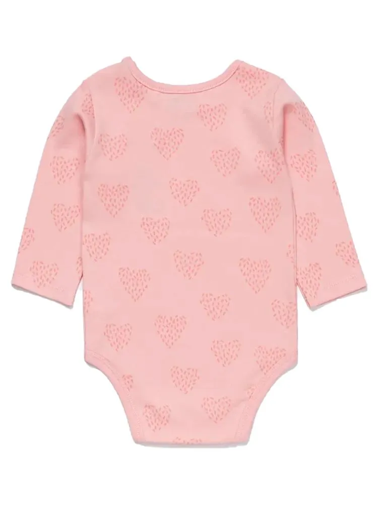 Artie - Long Sleeve Pink Baby Cotton Bodysuit - Feathered Hearts 3 to 18 months