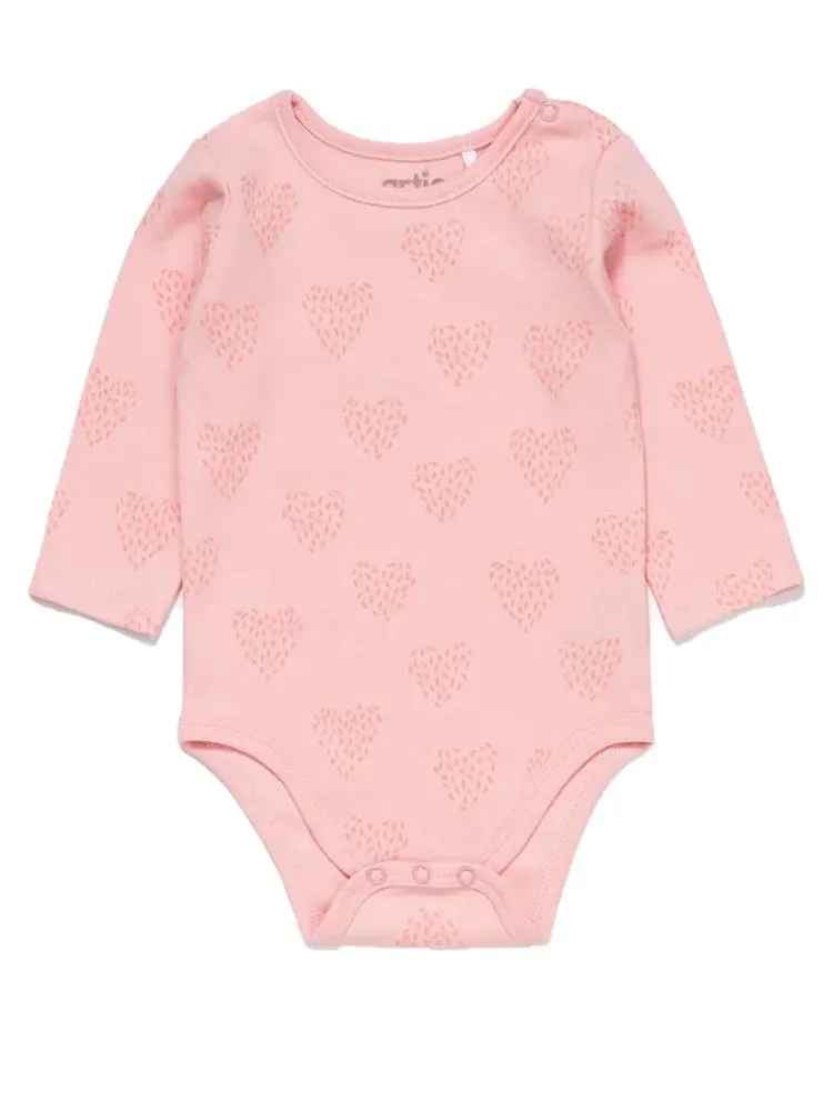 Artie - Long Sleeve Pink Baby Cotton Bodysuit - Feathered Hearts 3 to 18 months