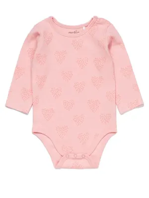 Artie - Long Sleeve Pink Baby Cotton Bodysuit - Feathered Hearts 3 to 18 months
