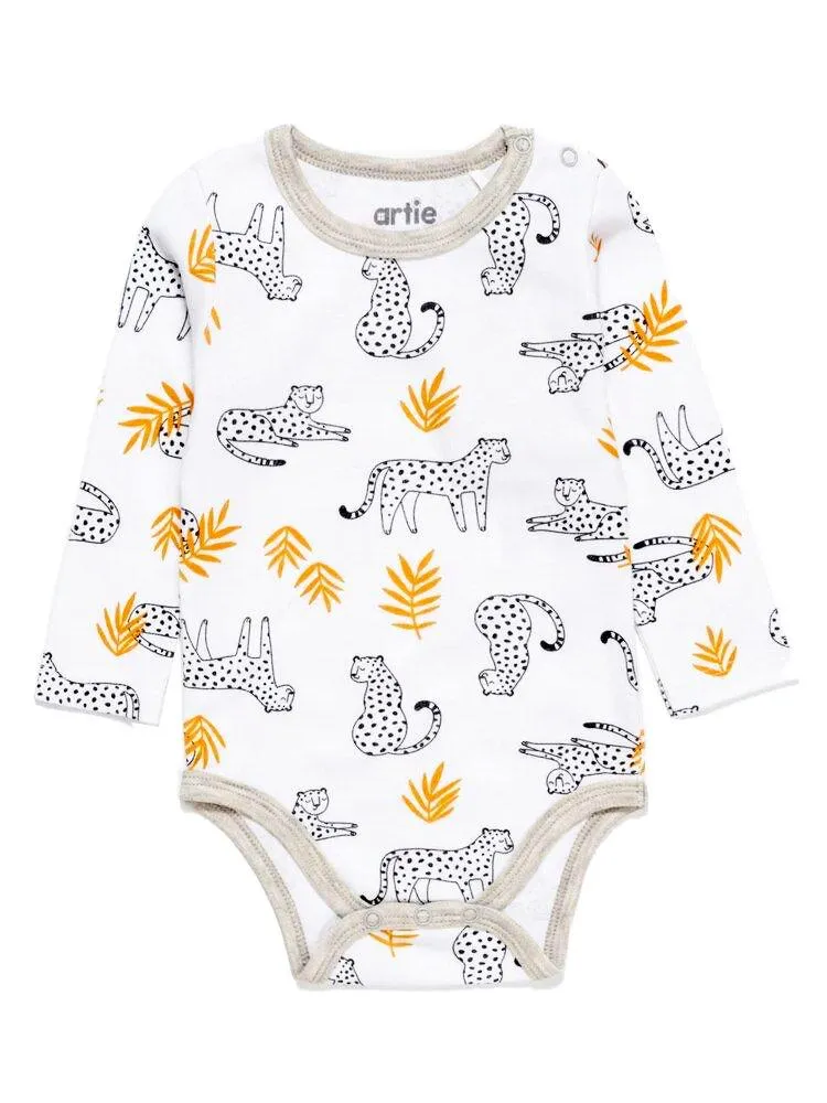 Artie - Lounging Cheetahs White & Grey Baby Long sleeve Bodysuit