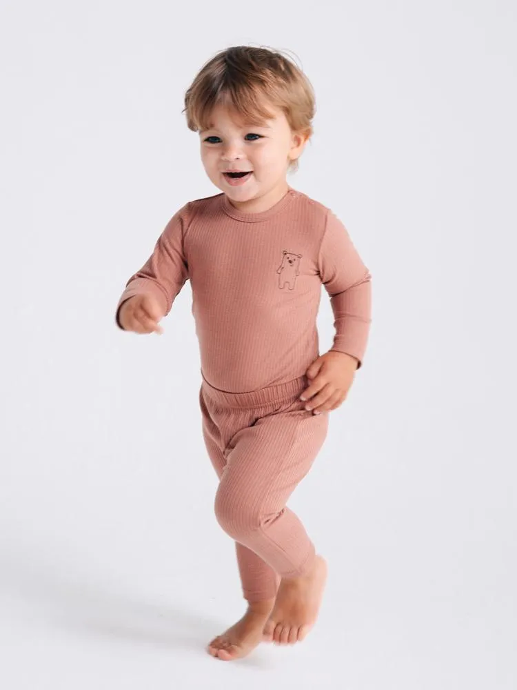 Artie - Ribbed Chestnut Baby Bodysuit With Bear Embroidery - From 0 to 18 Months