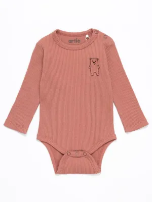 Artie - Ribbed Chestnut Baby Bodysuit With Bear Embroidery - From 0 to 18 Months
