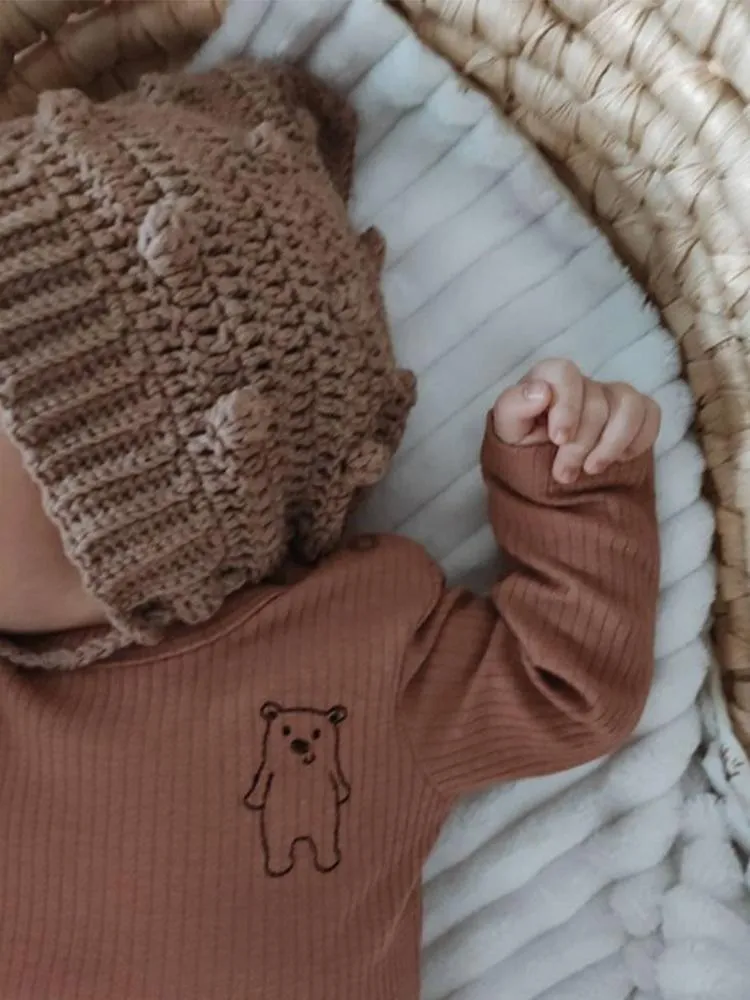 Artie - Ribbed Chestnut Baby Bodysuit With Bear Embroidery - From 0 to 18 Months
