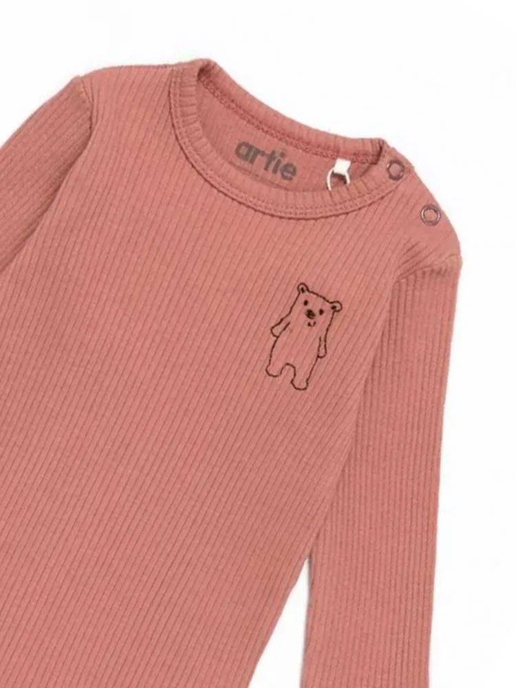 Artie - Ribbed Chestnut Baby Bodysuit With Bear Embroidery - From 0 to 18 Months