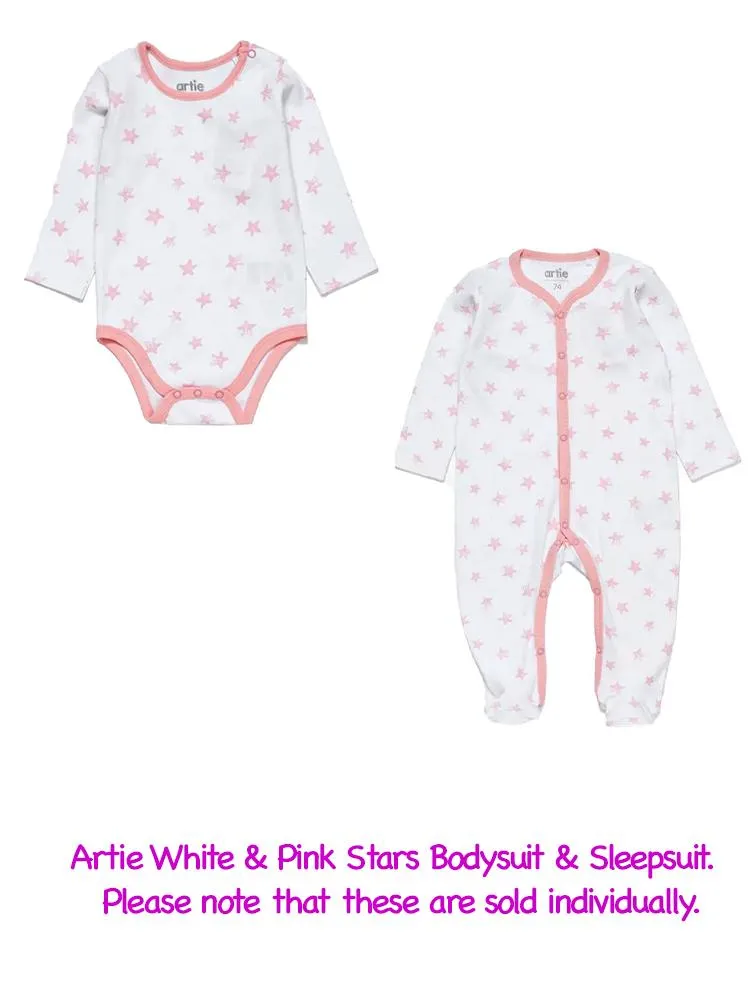 Artie - White & Pink Stars Long Sleeve Baby Bodysuit