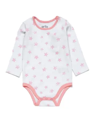 Artie - White & Pink Stars Long Sleeve Baby Bodysuit