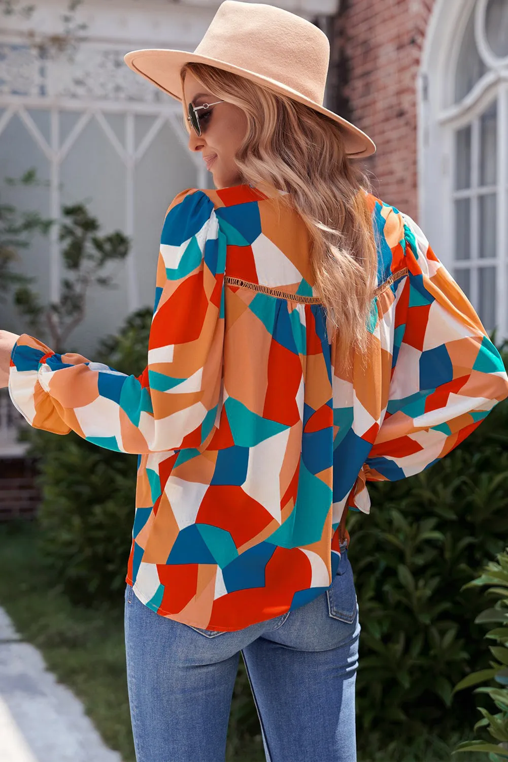 Astrid Abstract Pattern Crewneck Ruffled Puff Sleeve Blouse