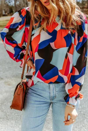 Astrid Abstract Pattern Crewneck Ruffled Puff Sleeve Blouse