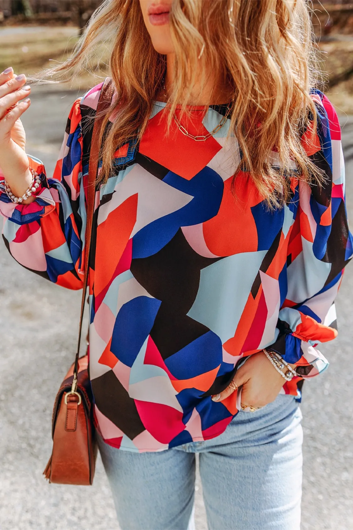 Astrid Abstract Pattern Crewneck Ruffled Puff Sleeve Blouse