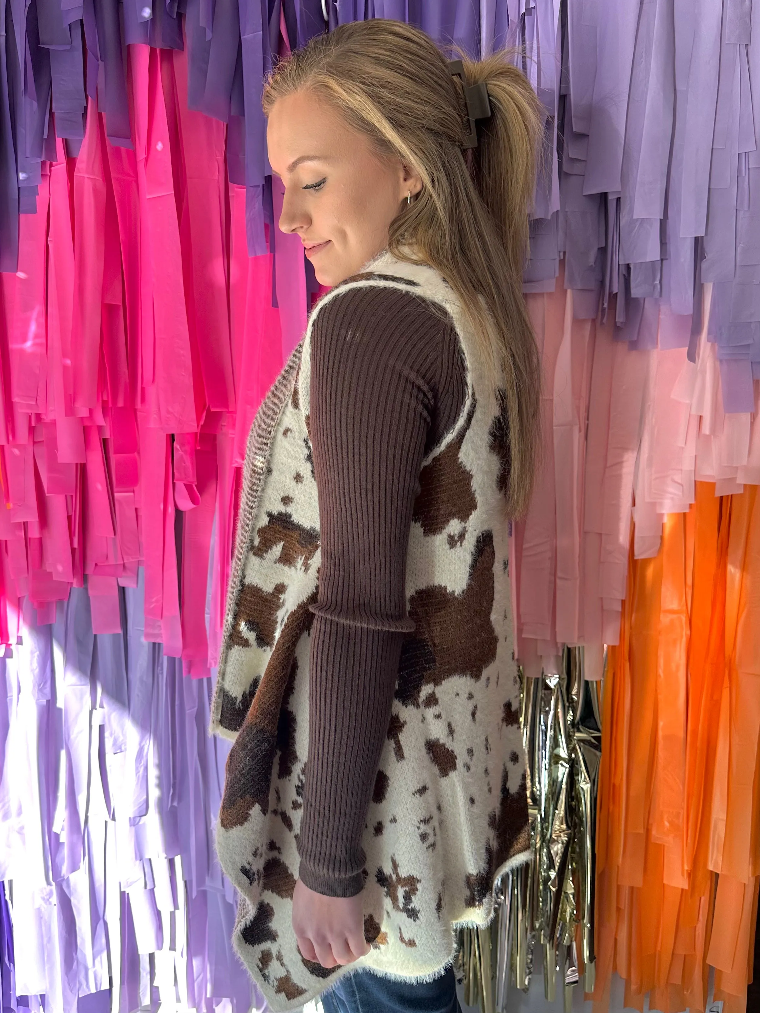 Asymmetrical Cozy Vest: Cow Print