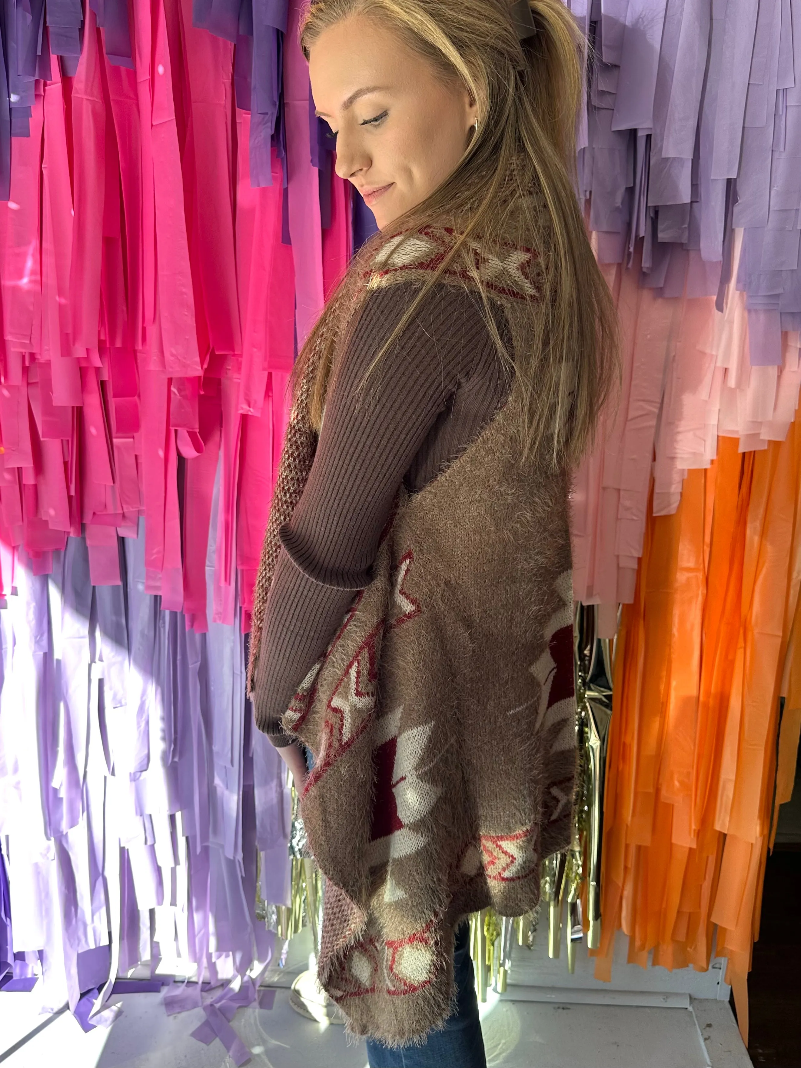 Asymmetrical Cozy Vest: Mocha Aztec