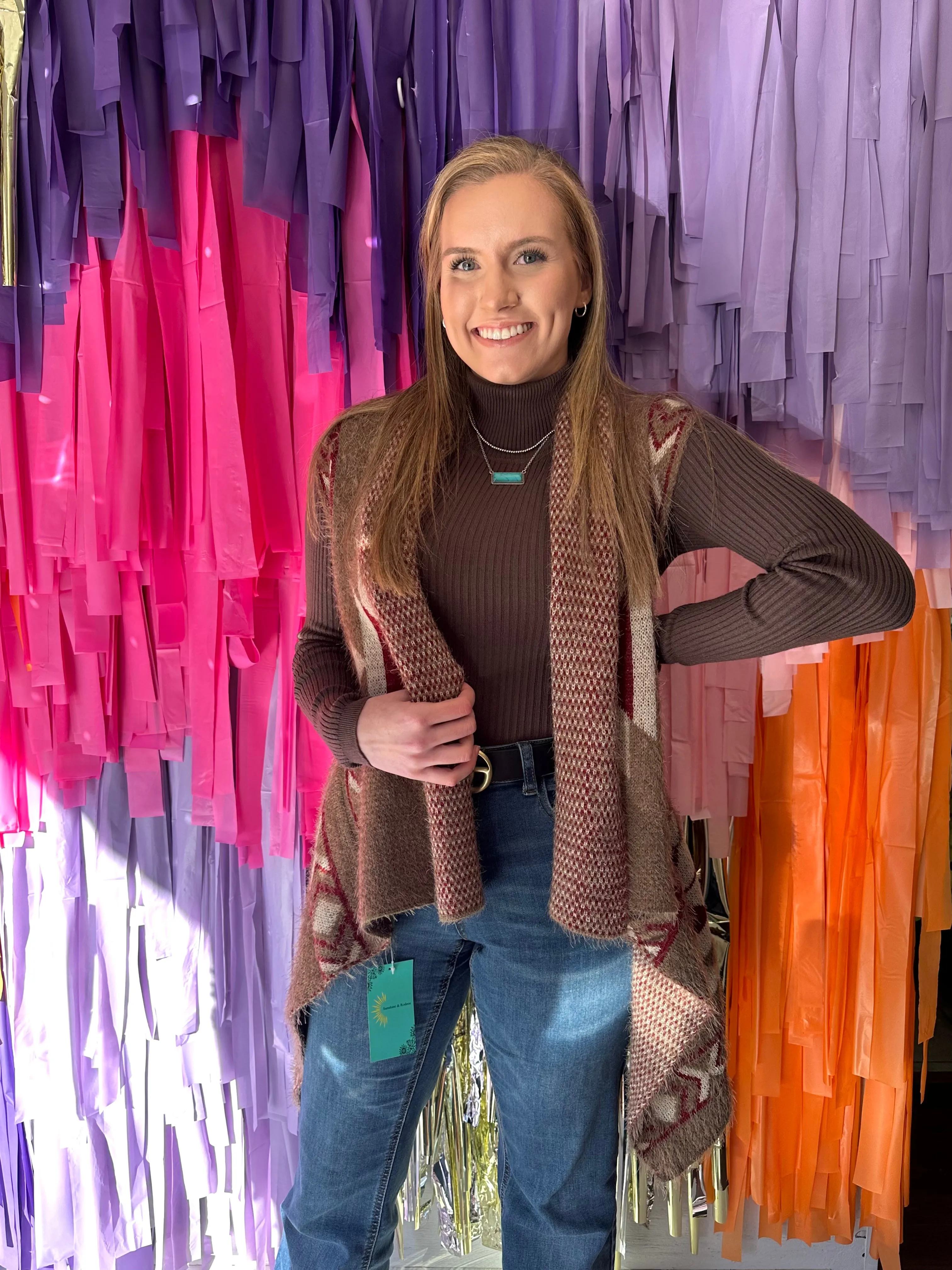 Asymmetrical Cozy Vest: Mocha Aztec