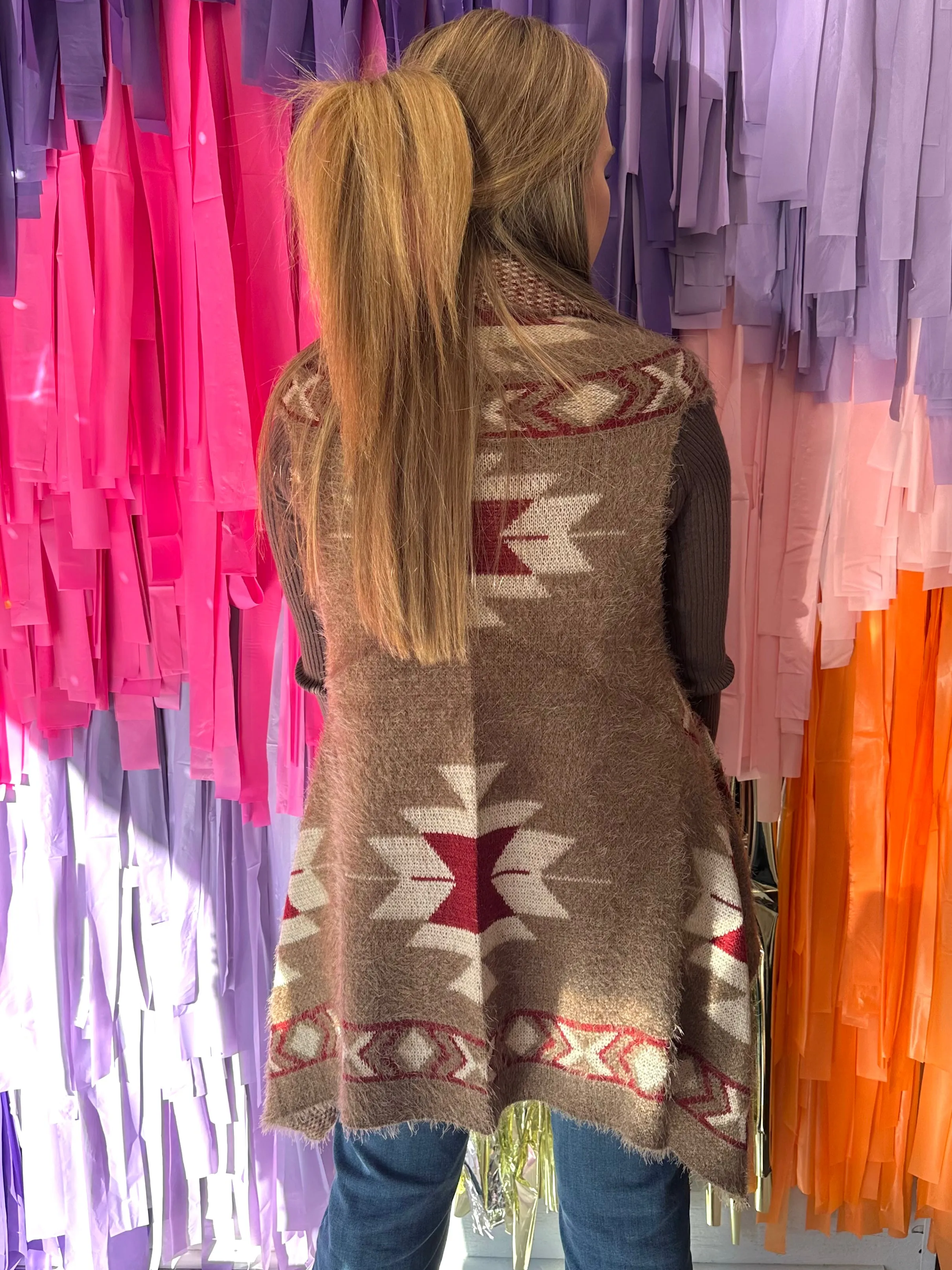Asymmetrical Cozy Vest: Mocha Aztec