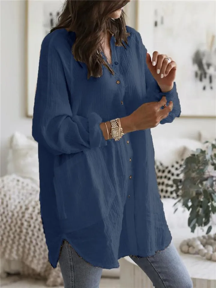 Baggy V Neck Solid Color Button Up Long Sleeve Midi Length Blouse