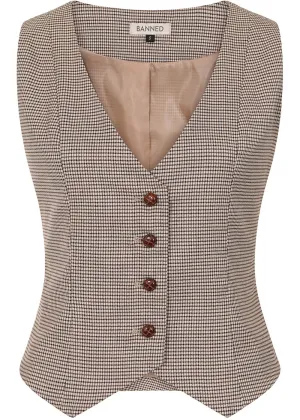 Banned Hallie Houndstooth 40's Waistcoat Brown