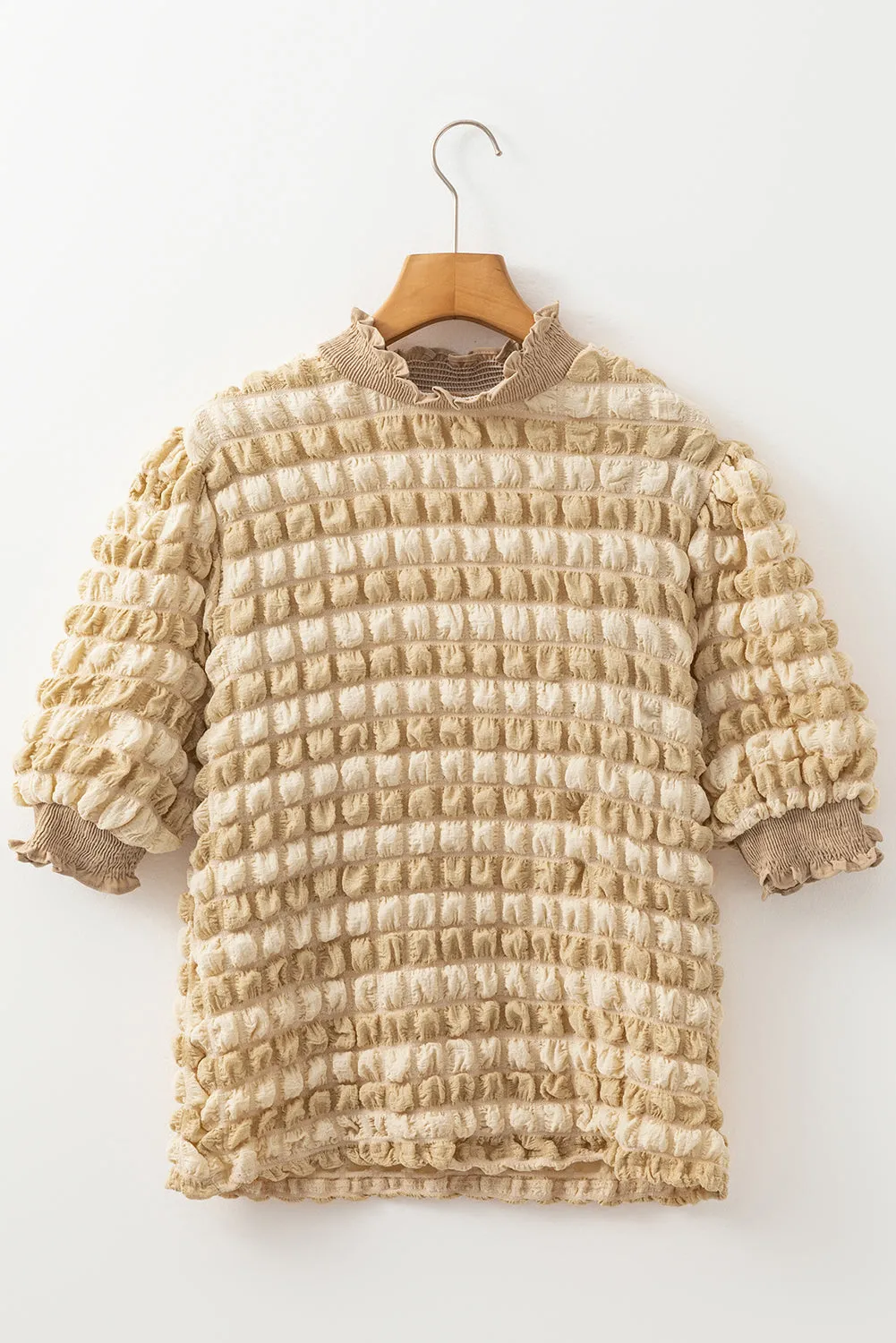 Beige Textured Mock Neck Short Sleeve Blouse