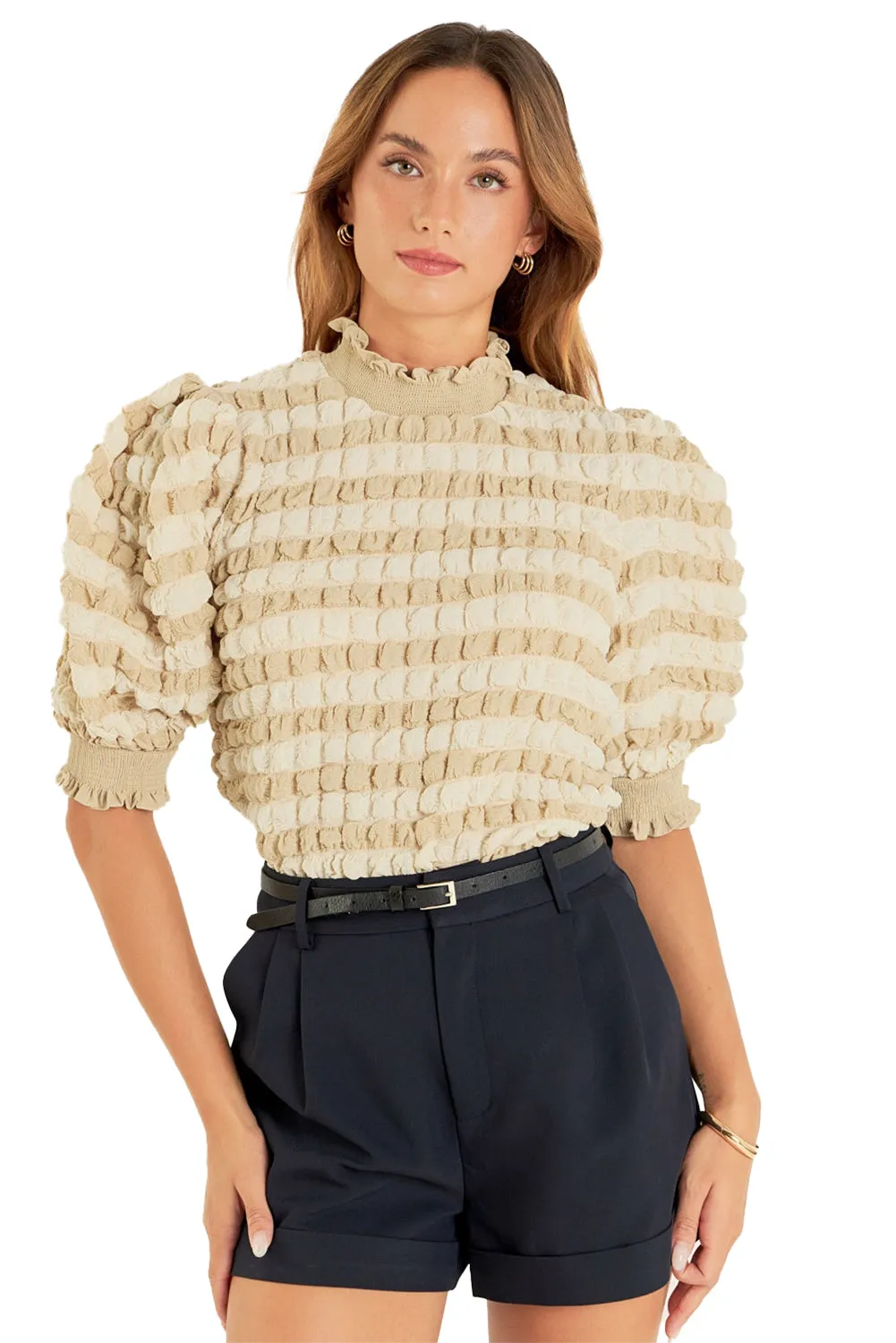 Beige Textured Mock Neck Short Sleeve Blouse