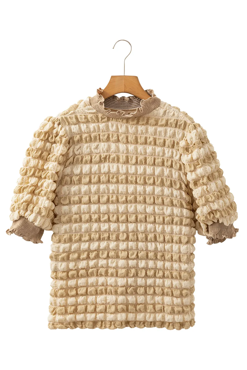 Beige Textured Mock Neck Short Sleeve Blouse