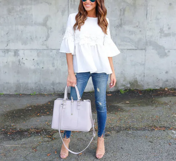 Bell Sleeve White Stitching Lace Top