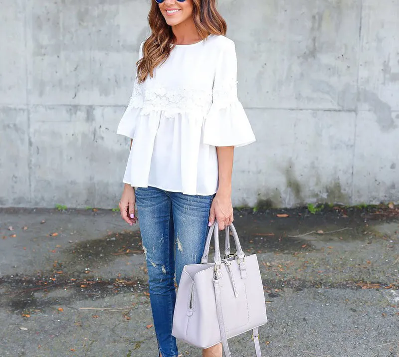 Bell Sleeve White Stitching Lace Top