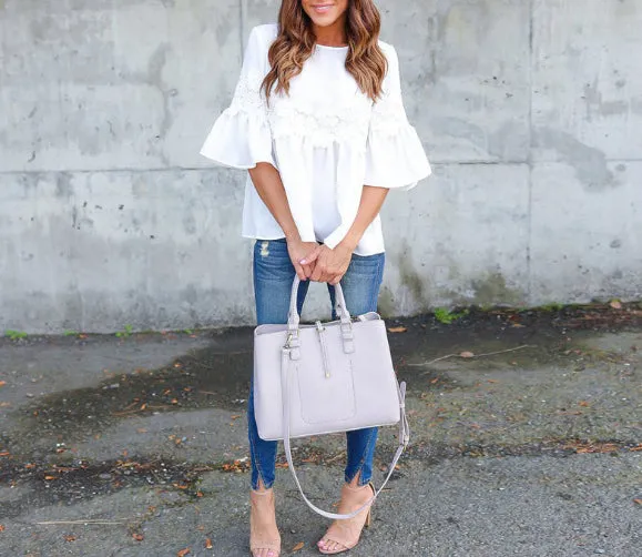 Bell Sleeve White Stitching Lace Top