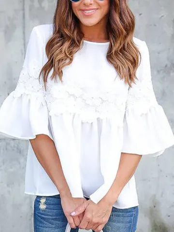 Bell Sleeve White Stitching Lace Top