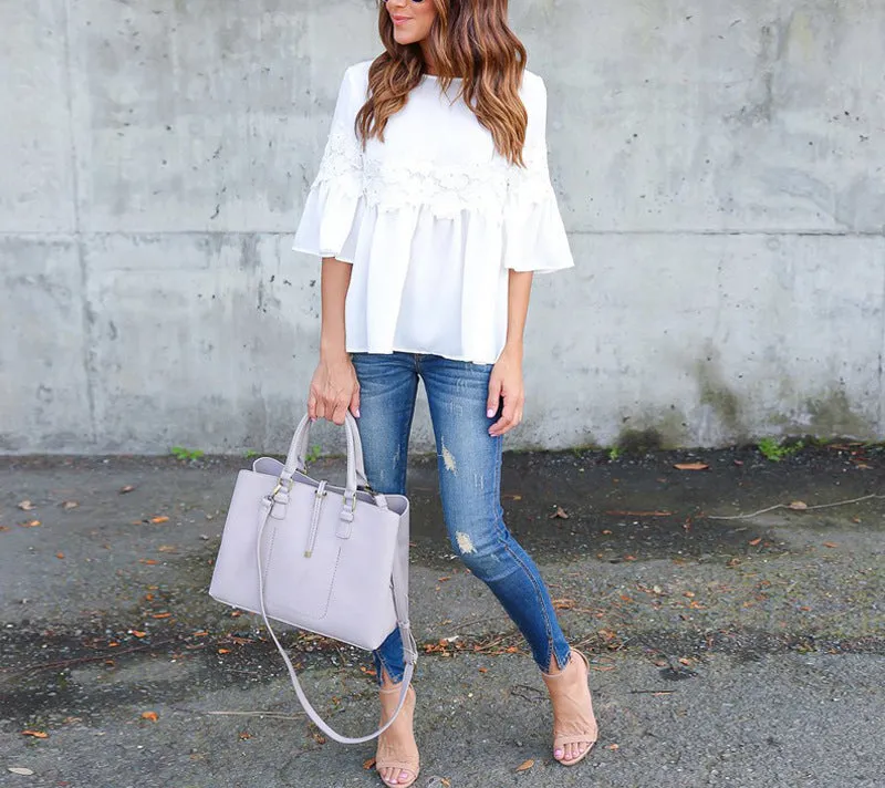Bell Sleeve White Stitching Lace Top