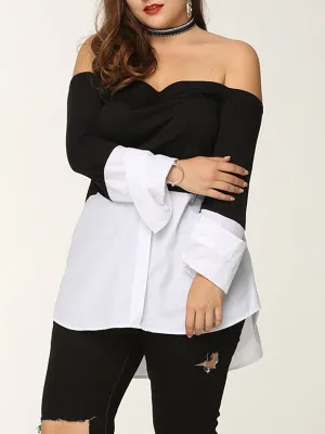 Black And White Stitching Collar Off-shoulder Long-sleeved Shirt Top Plus Size