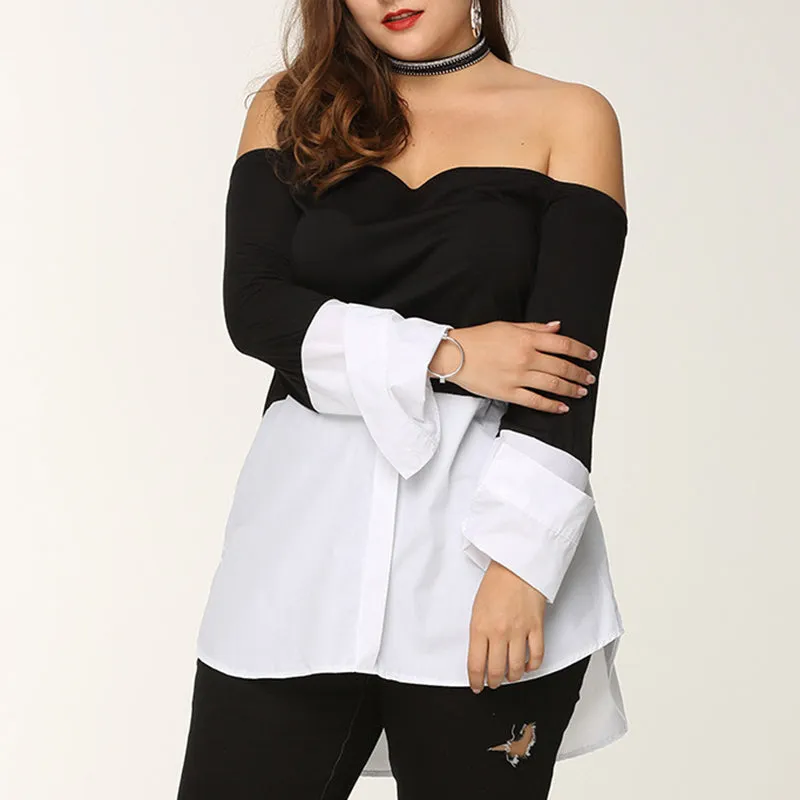 Black And White Stitching Collar Off-shoulder Long-sleeved Shirt Top Plus Size