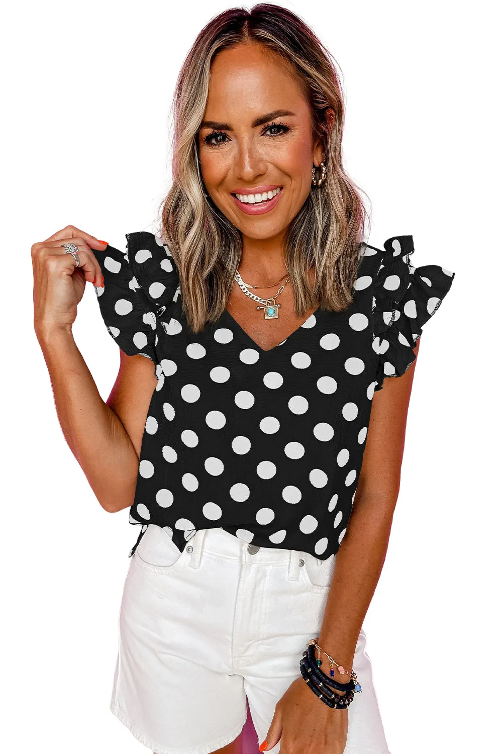 Black Polka Dot Print Ruffled Sleeve V Neck Blouse