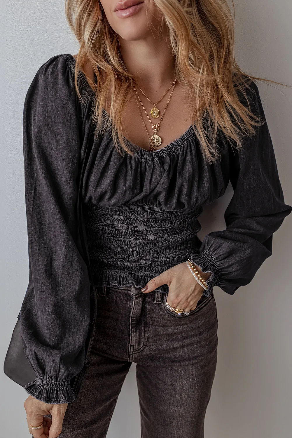 Black Smocked Ruffled Puff Sleeve V Neck Denim Blouse