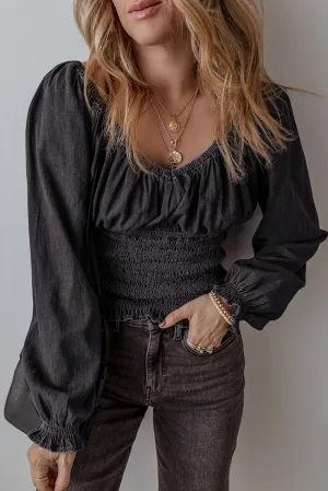 Black Smocked Ruffled Puff Sleeve V Neck Denim Blouse
