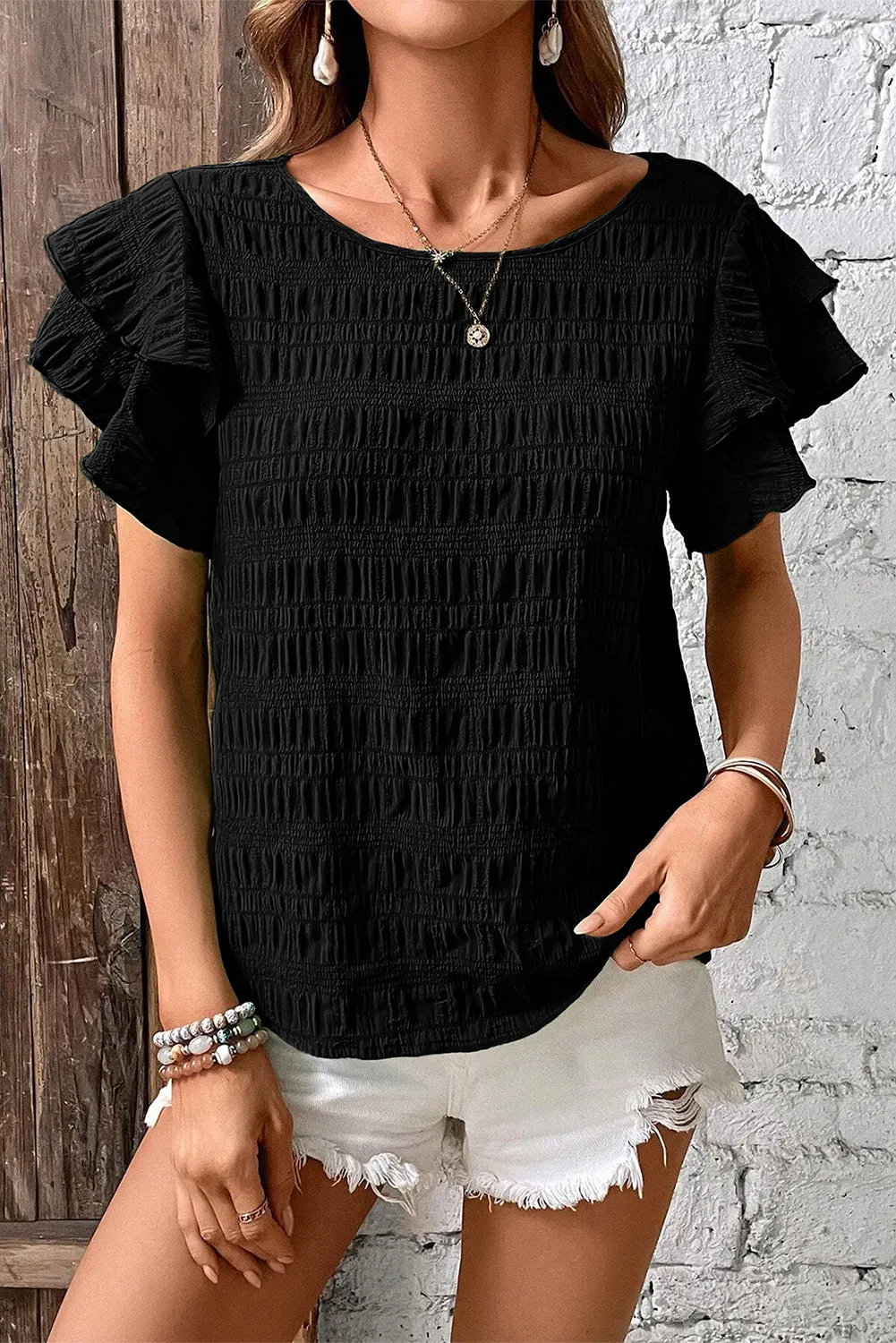 Black Textured Ruffled Sleeve Round Neck Top