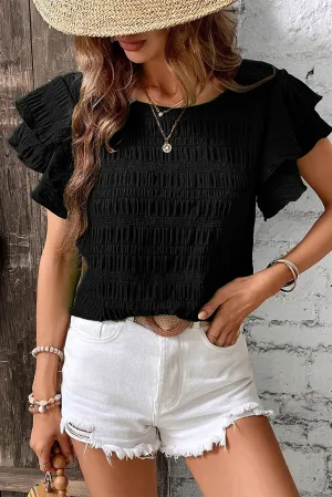 Black Textured Ruffled Sleeve Round Neck Top