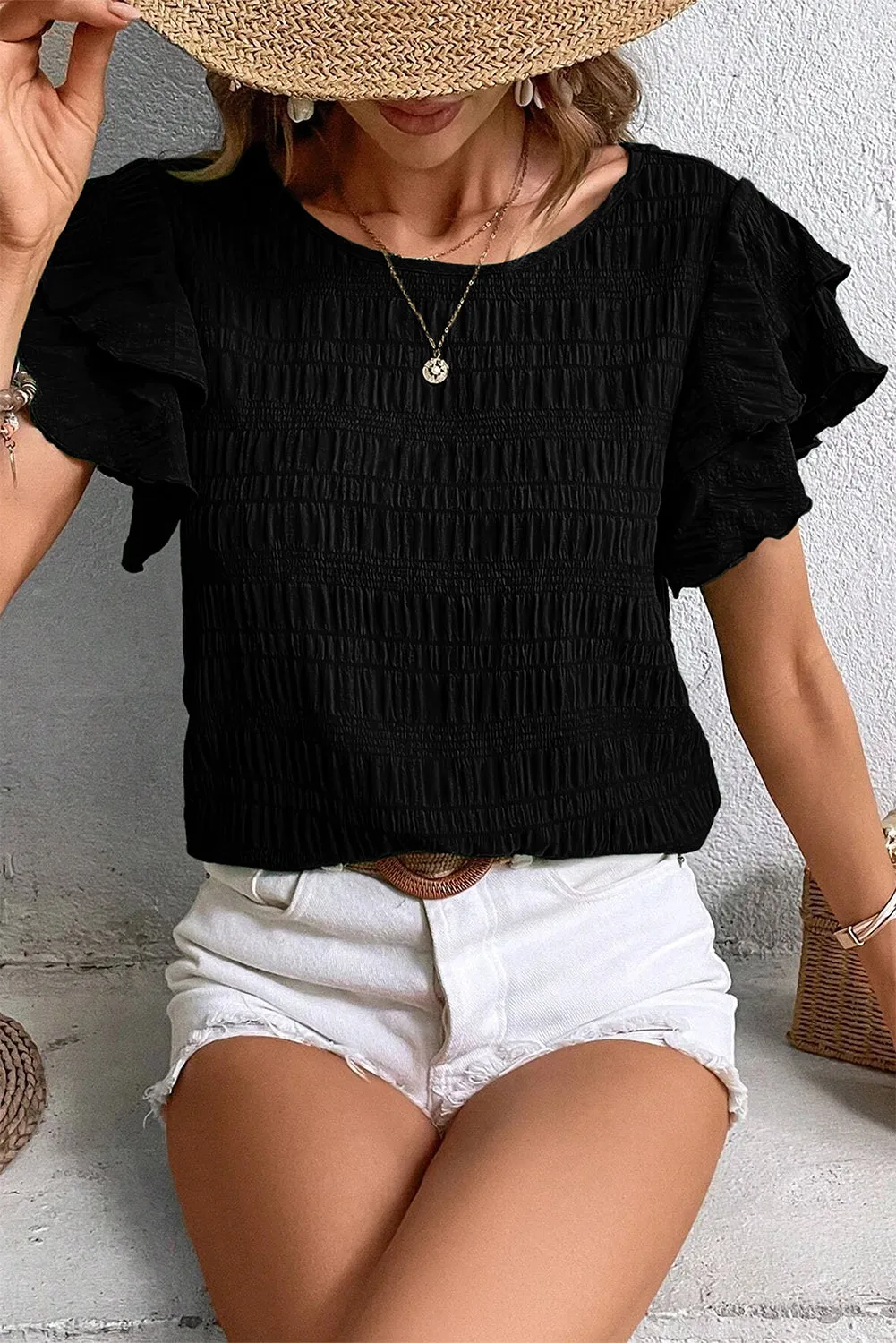 Black Textured Ruffled Sleeve Round Neck Top