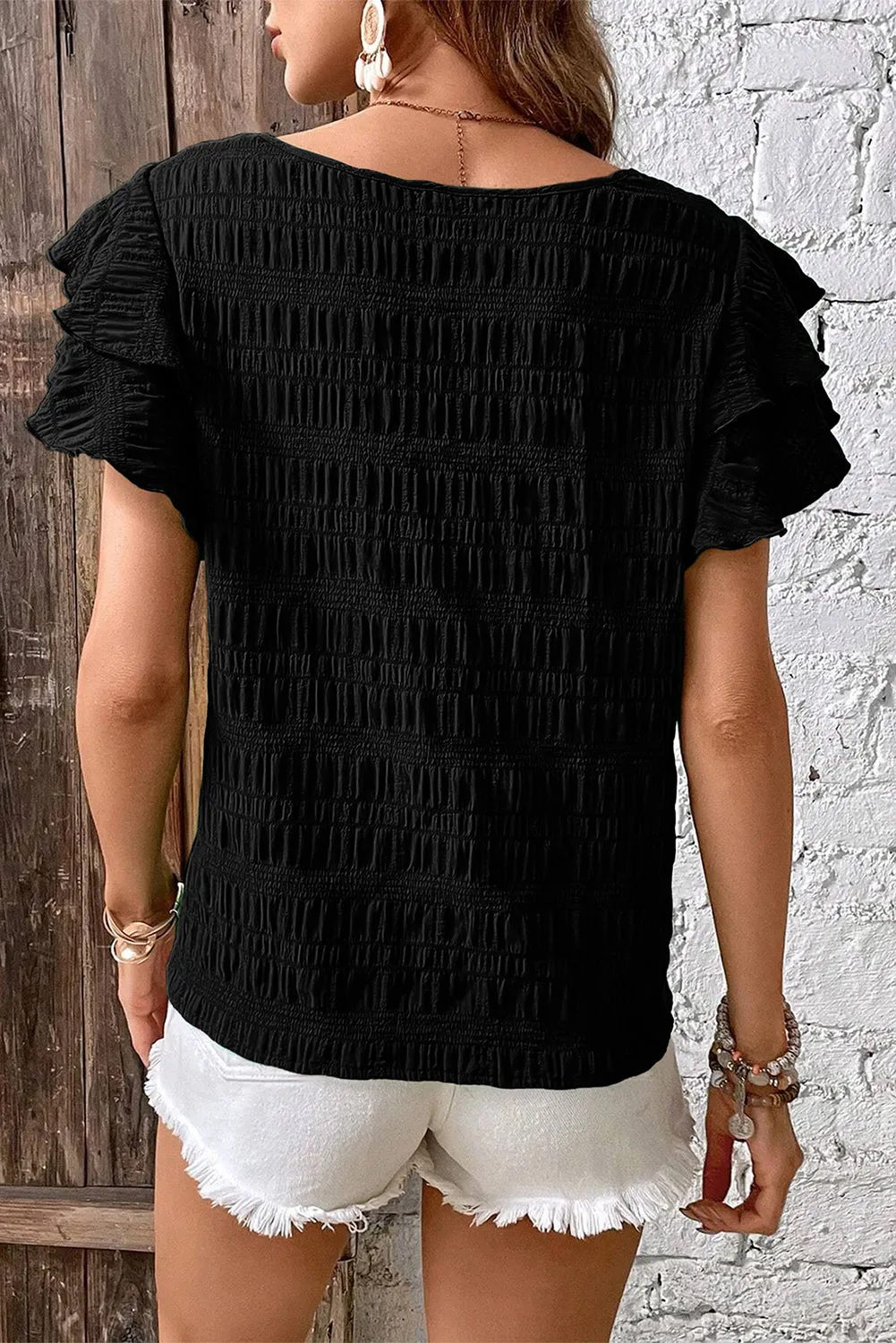 Black Textured Ruffled Sleeve Round Neck Top