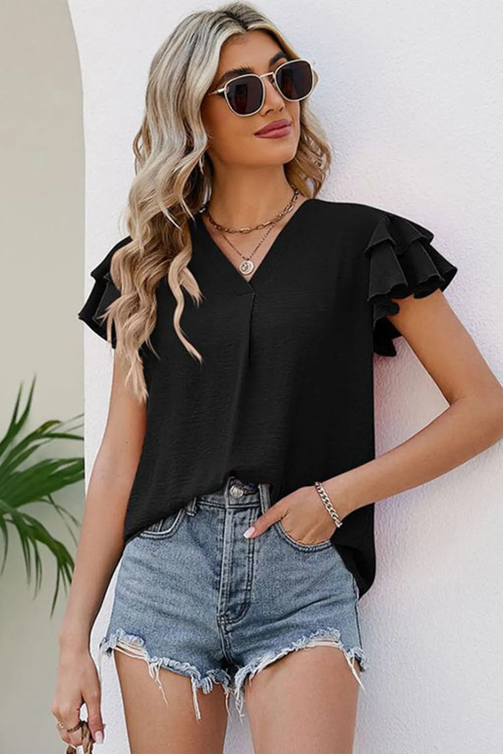 Black V Neck Ruffle Short Sleeve Blouse