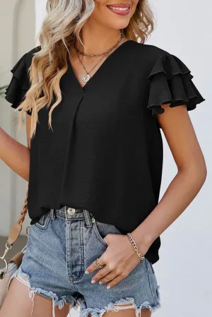Black V Neck Ruffle Short Sleeve Blouse