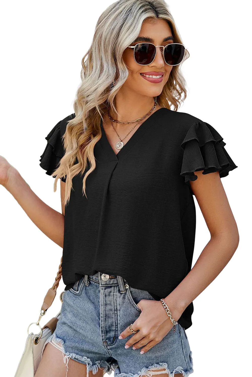 Black V Neck Ruffle Short Sleeve Blouse