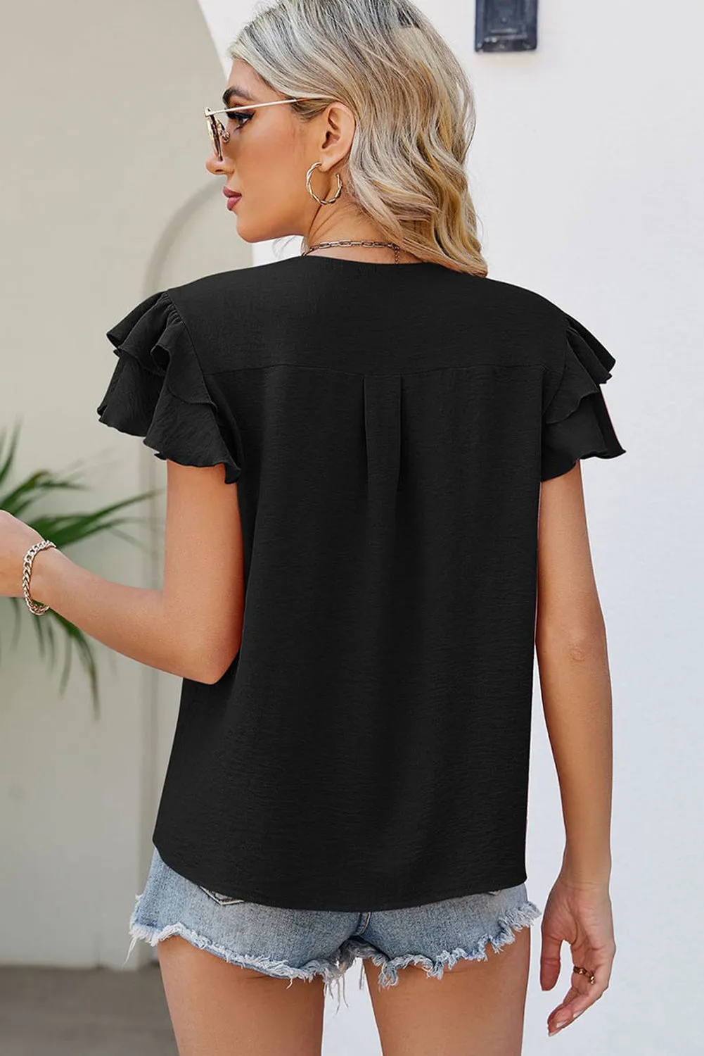 Black V Neck Ruffle Short Sleeve Blouse
