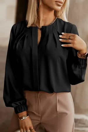 Black White Crew Neck Gathered Stretch Cuff Shirt