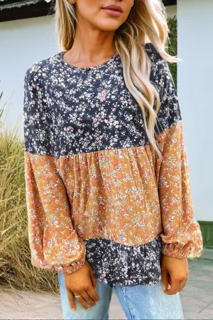 Blue Floral Color Block Patchwork Ruffled Hem Round Neck Blouse