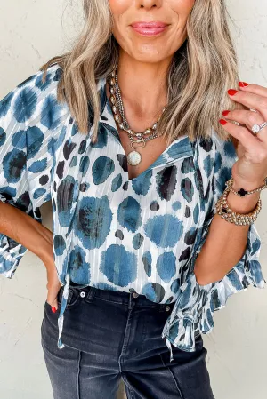 Blue Metallic Threading Accents Pleated Abstract Printed Ruffled 3/4 Sleeve Blouse
