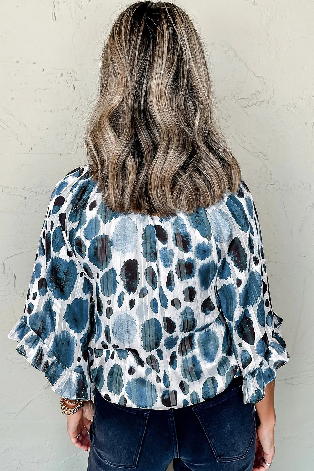 Blue Metallic Threading Accents Pleated Abstract Printed Ruffled 3/4 Sleeve Blouse